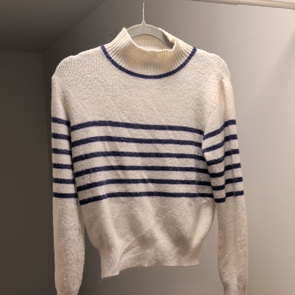 Mango Cream and Navy Striped Turtleneck Sweater
